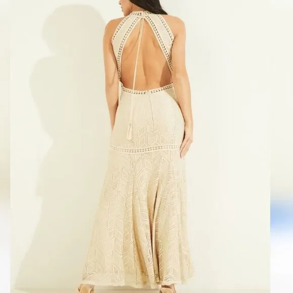 GUESS Women's Sunset Geo-Lace Halter Maxi Dress GUESS Women's Sunset Geo-Lace Halter Maxi Dress